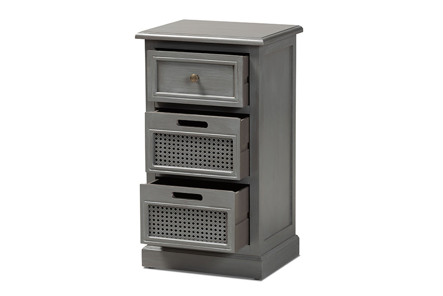 Baxton Studio Sheldon Modern and Contemporary Vintage Grey Finished Wood and Synthetic Rattan 3-Drawer End Table