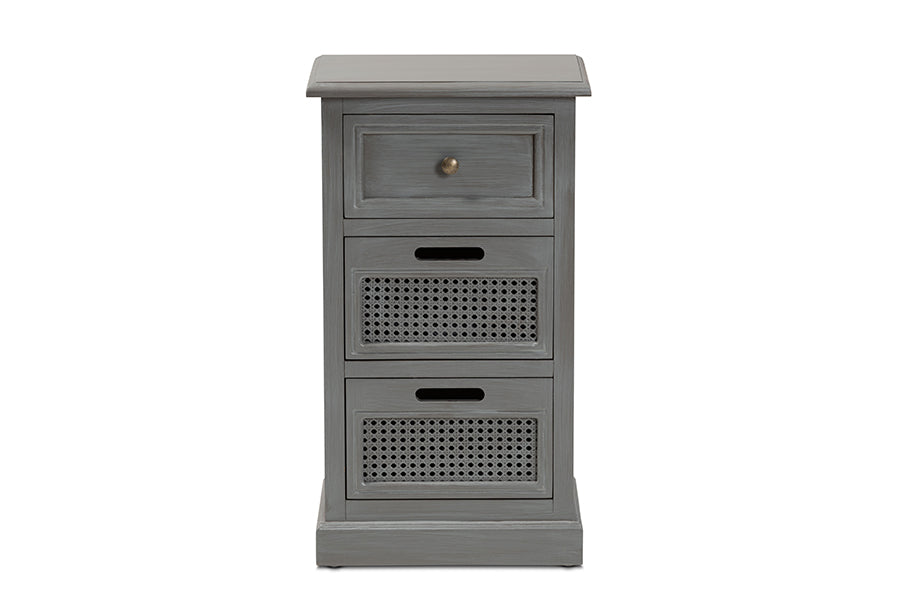 Baxton Studio Sheldon Modern and Contemporary Vintage Grey Finished Wood and Synthetic Rattan 3-Drawer End Table