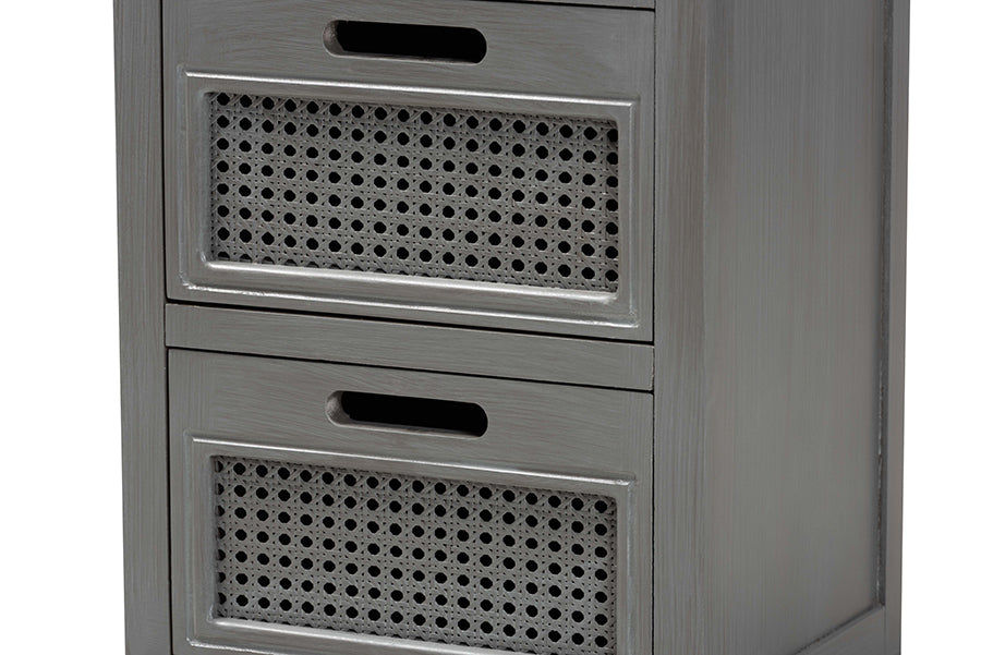 Baxton Studio Sheldon Modern and Contemporary Vintage Grey Finished Wood and Synthetic Rattan 3-Drawer End Table