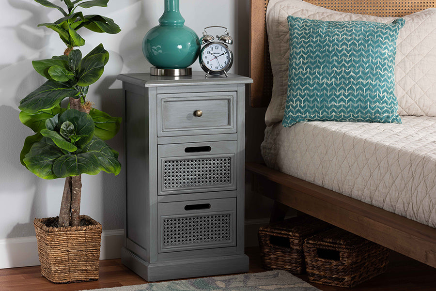 Baxton Studio Sheldon Modern and Contemporary Vintage Grey Finished Wood and Synthetic Rattan 3-Drawer End Table