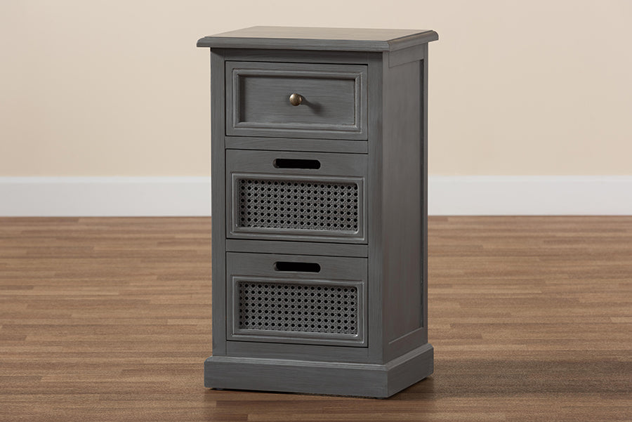 Baxton Studio Sheldon Modern and Contemporary Vintage Grey Finished Wood and Synthetic Rattan 3-Drawer End Table