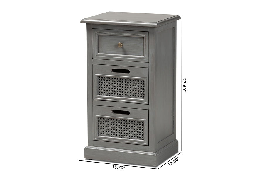 Baxton Studio Sheldon Modern and Contemporary Vintage Grey Finished Wood and Synthetic Rattan 3-Drawer End Table