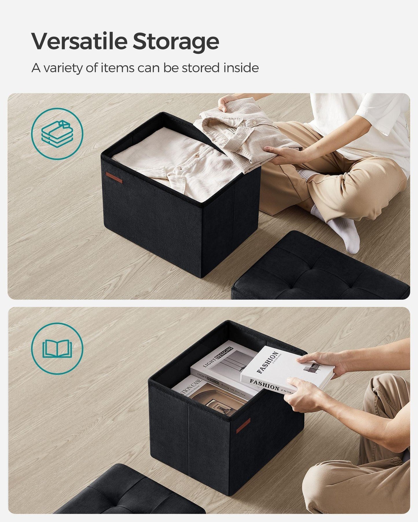 12.2" x 16.1" x 12.2" Foldable Storage Ottoman Bench Ink Black FredCo