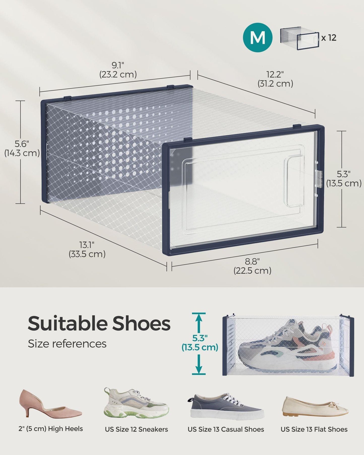 12-Pack Stackable Plastic Shoe Boxes Charcoal Blue FredCo