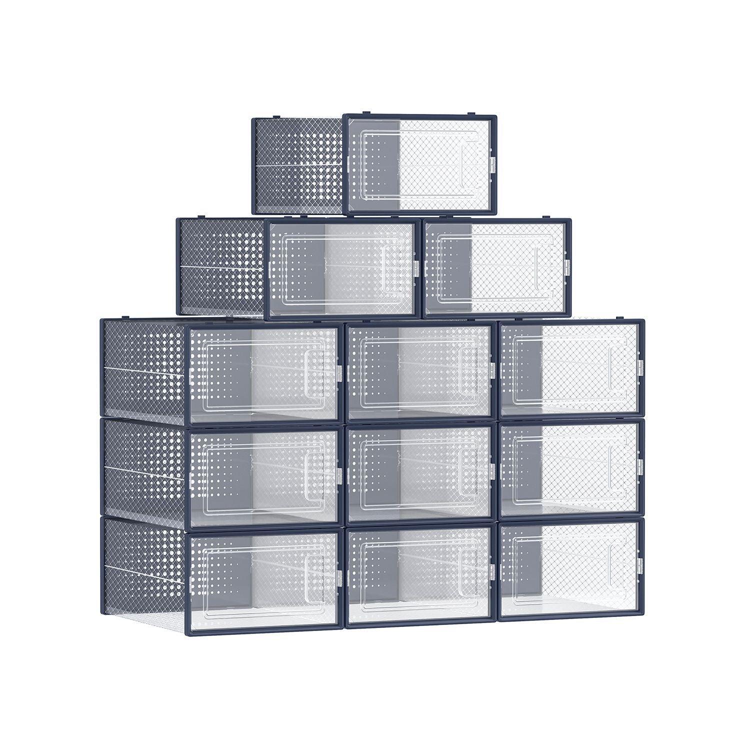 12-Pack Stackable Plastic Shoe Boxes Charcoal Blue FredCo