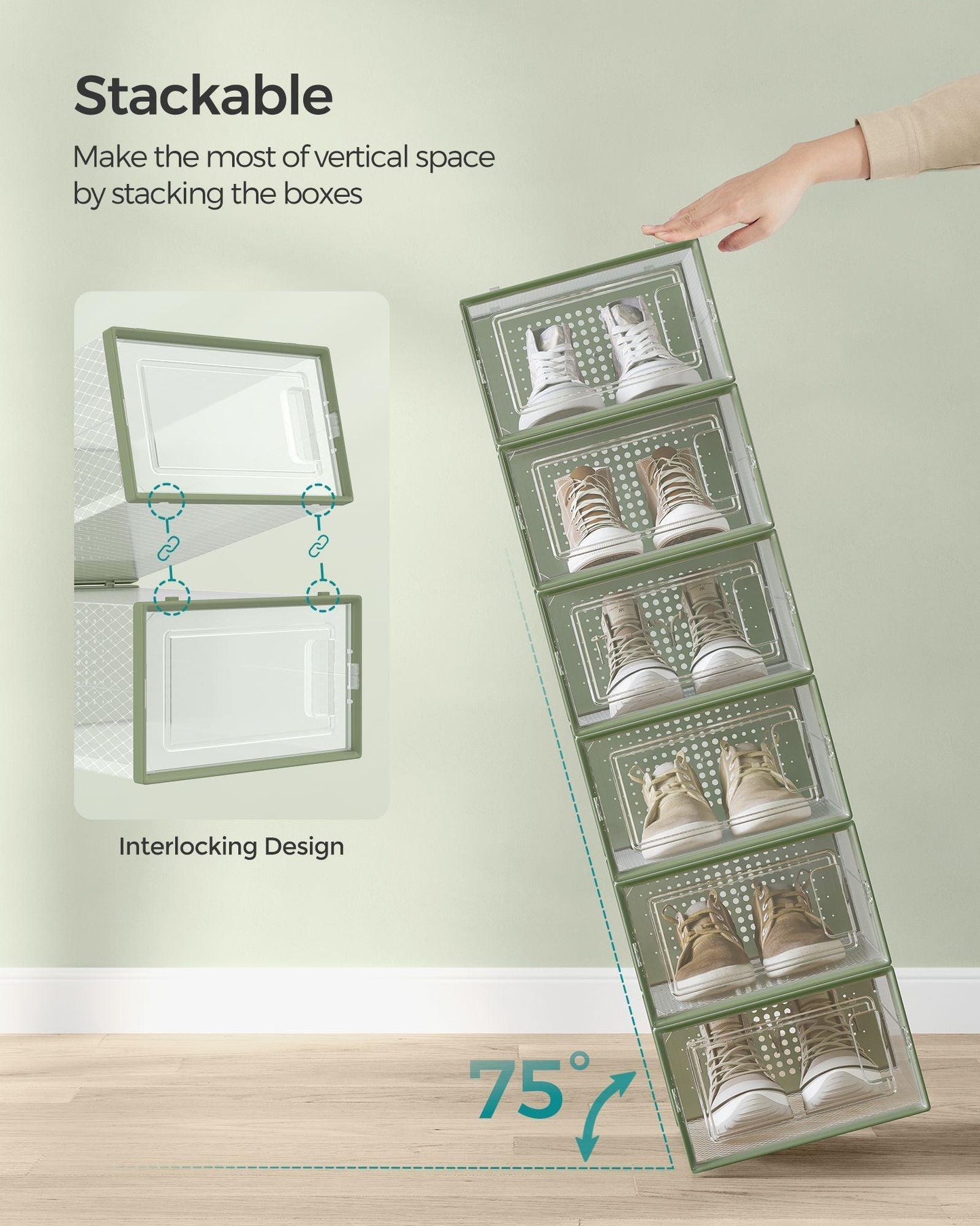 12-Pack Stackable Plastic Shoe Boxes Laurel Green FredCo