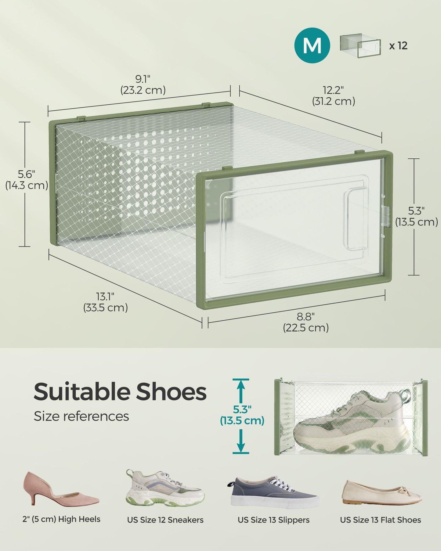 12-Pack Stackable Plastic Shoe Boxes Laurel Green FredCo