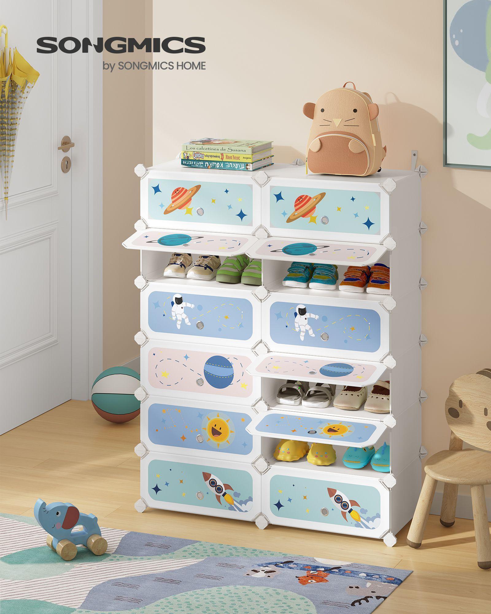 12-Slot Stackable Kids' Shoe Rack with Doors Cloud White FredCo