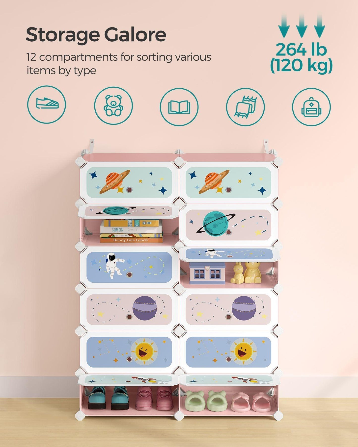 12-Slot Stackable Kids' Shoe Rack with Doors Jelly Pink FredCo