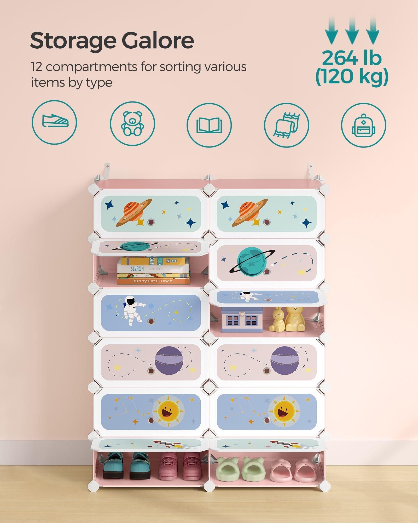 12-Slot Stackable Kids' Shoe Rack with Doors Jelly Pink FredCo