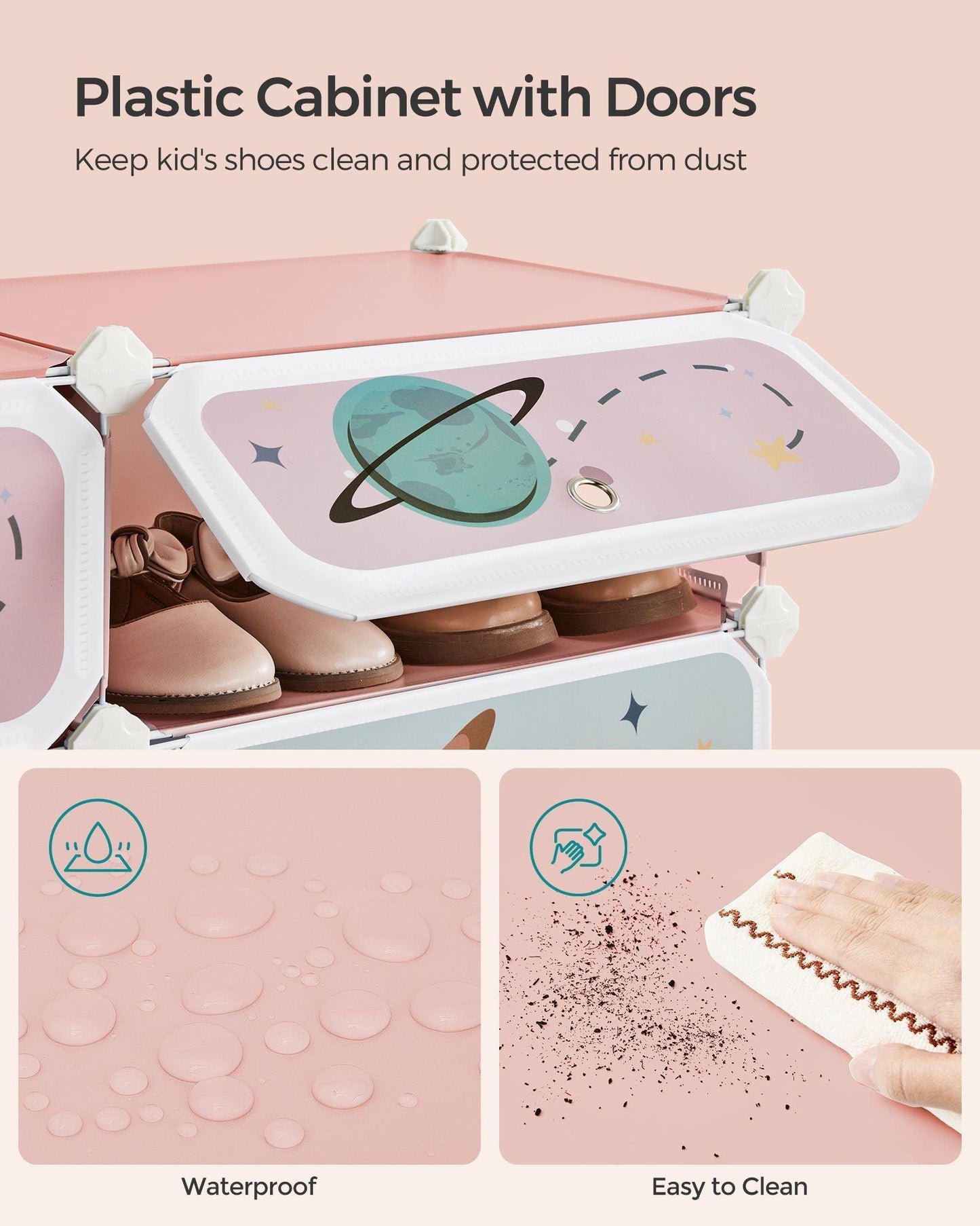 12-Slot Stackable Kids' Shoe Rack with Doors Jelly Pink FredCo