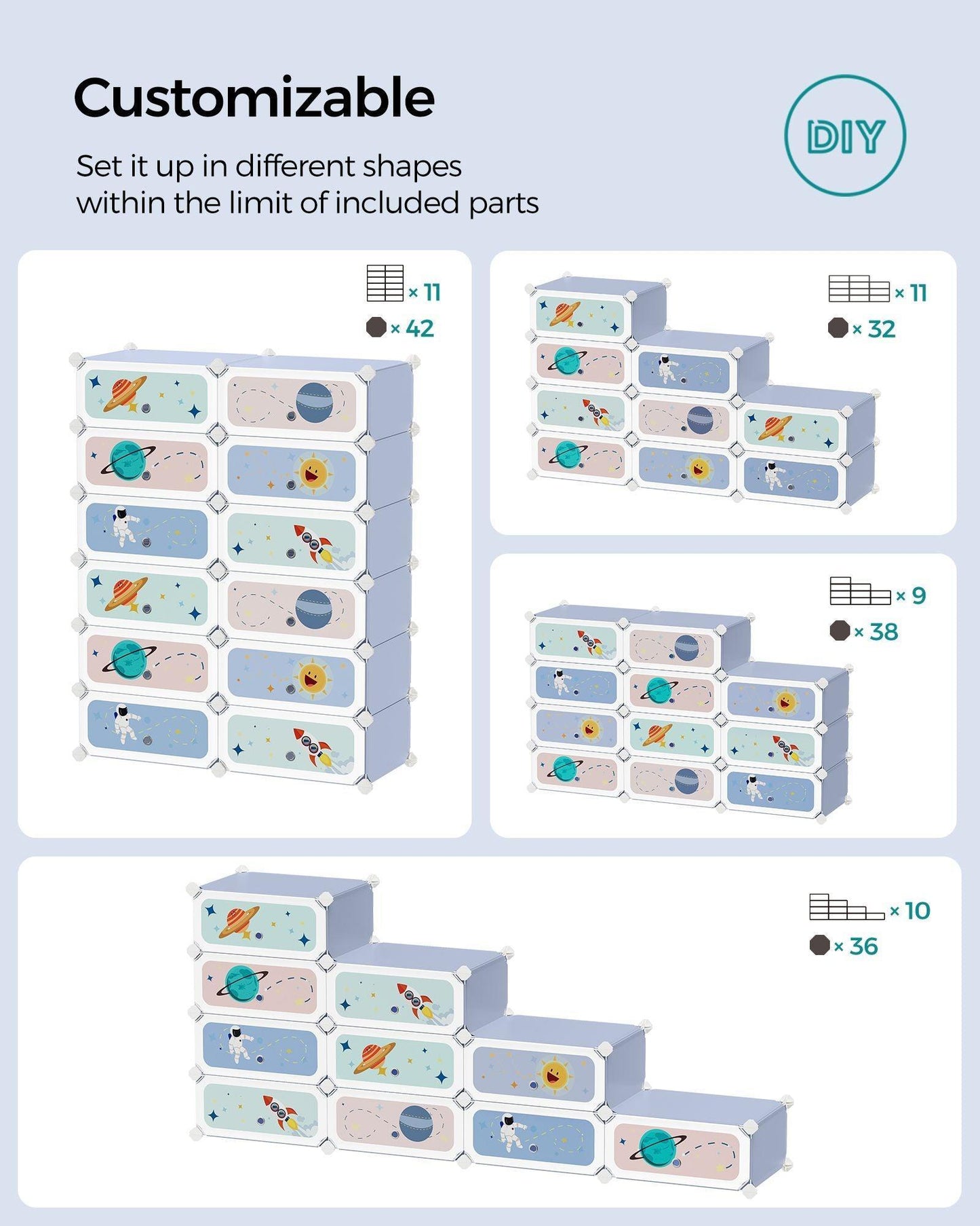 12-Slot Stackable Kids' Shoe Rack with Doors Pale Blue FredCo