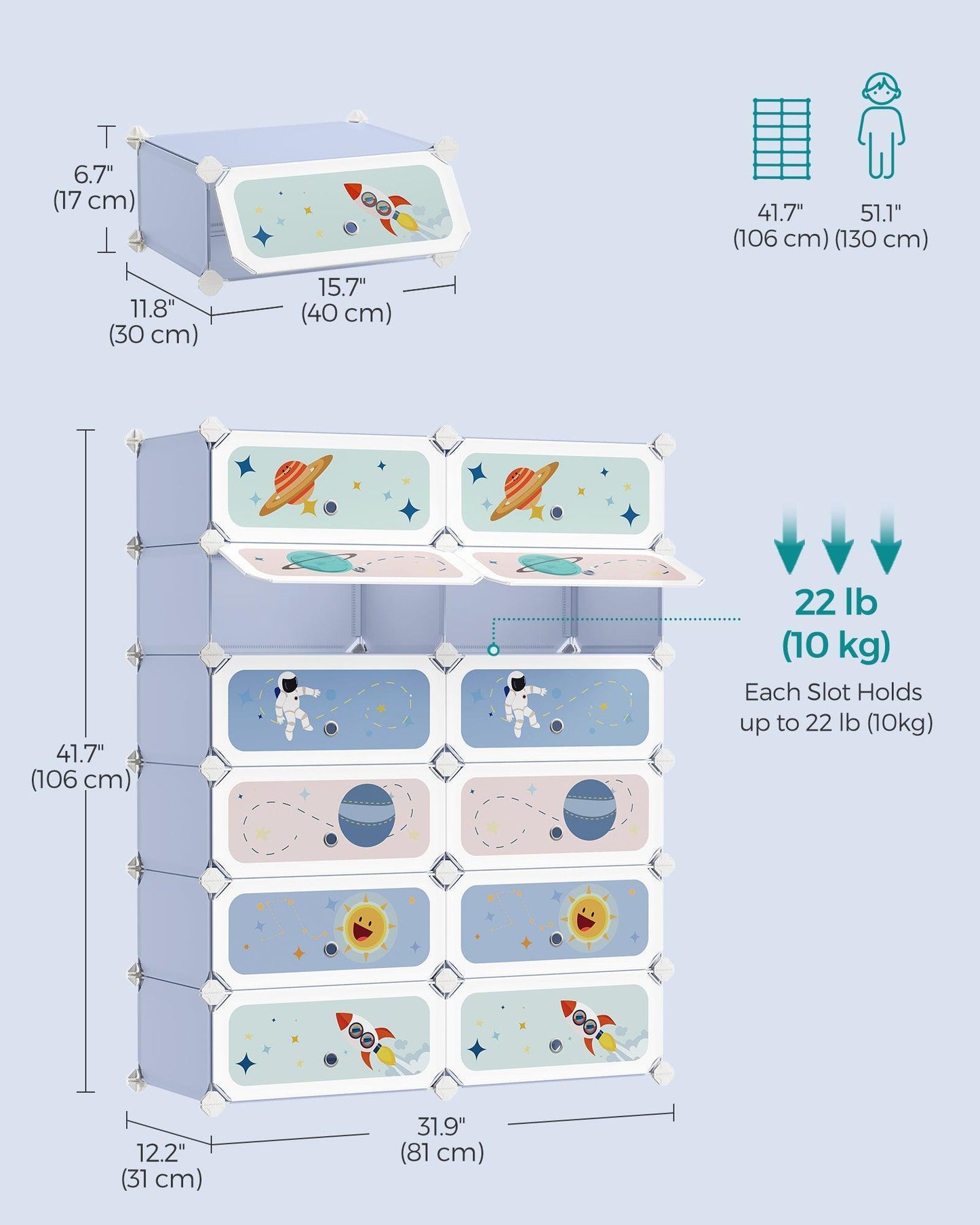12-Slot Stackable Kids' Shoe Rack with Doors Pale Blue FredCo