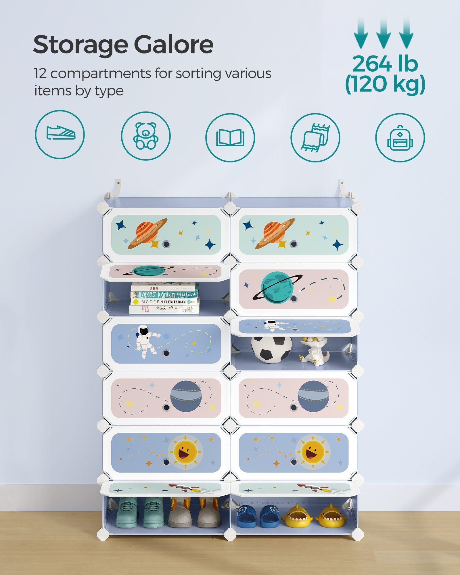 12-Slot Stackable Kids' Shoe Rack with Doors Pale Blue FredCo