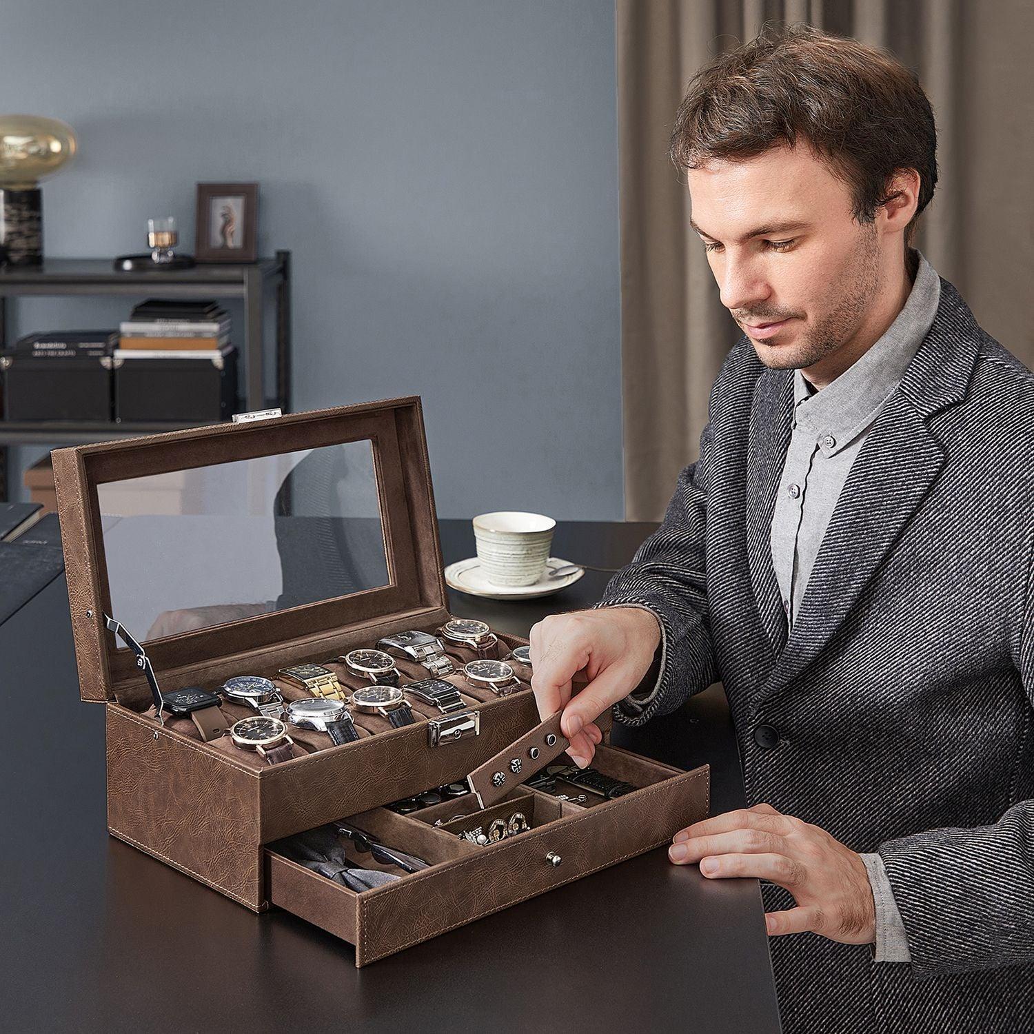 12-Slot Watch Box with Glass Lid FredCo