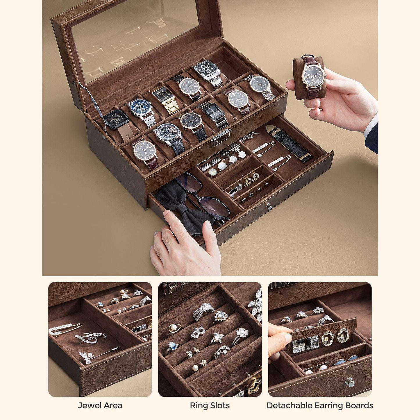12-Slot Watch Box with Glass Lid FredCo