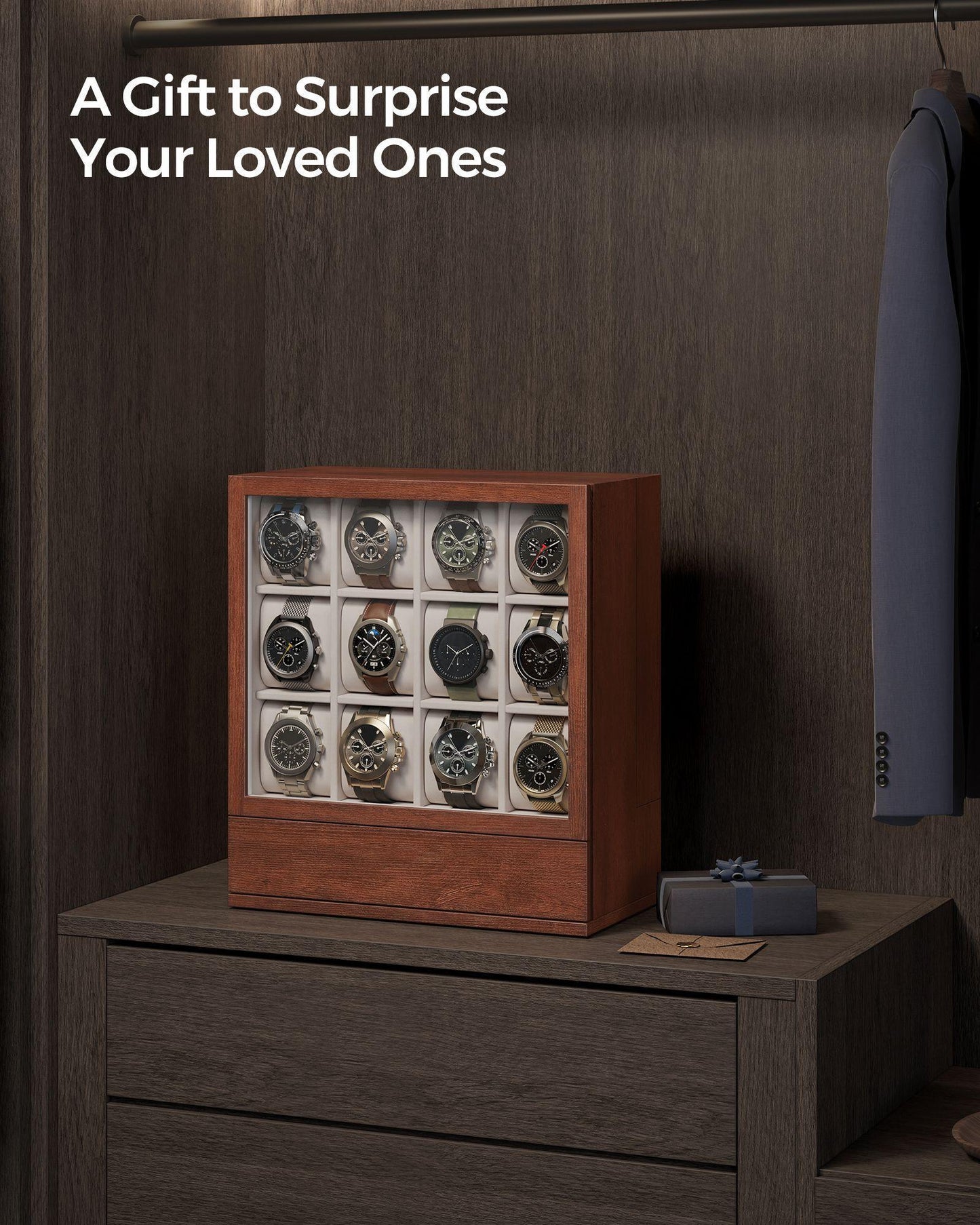 12-Slot Wooden Watch Box Coffee Brown FredCo