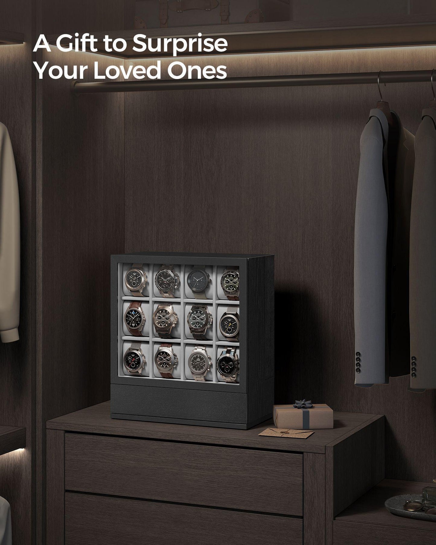 12-Slot Wooden Watch Box Ebony Black FredCo