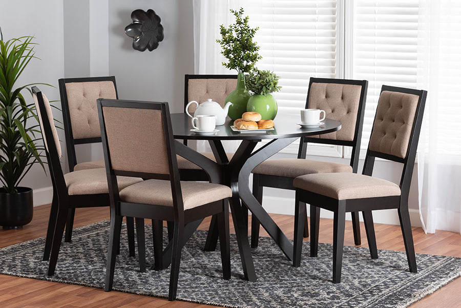 Baxton Studio Mana Modern Sand Fabric and Dark Brown Finished Wood 7-Piece Dining Set