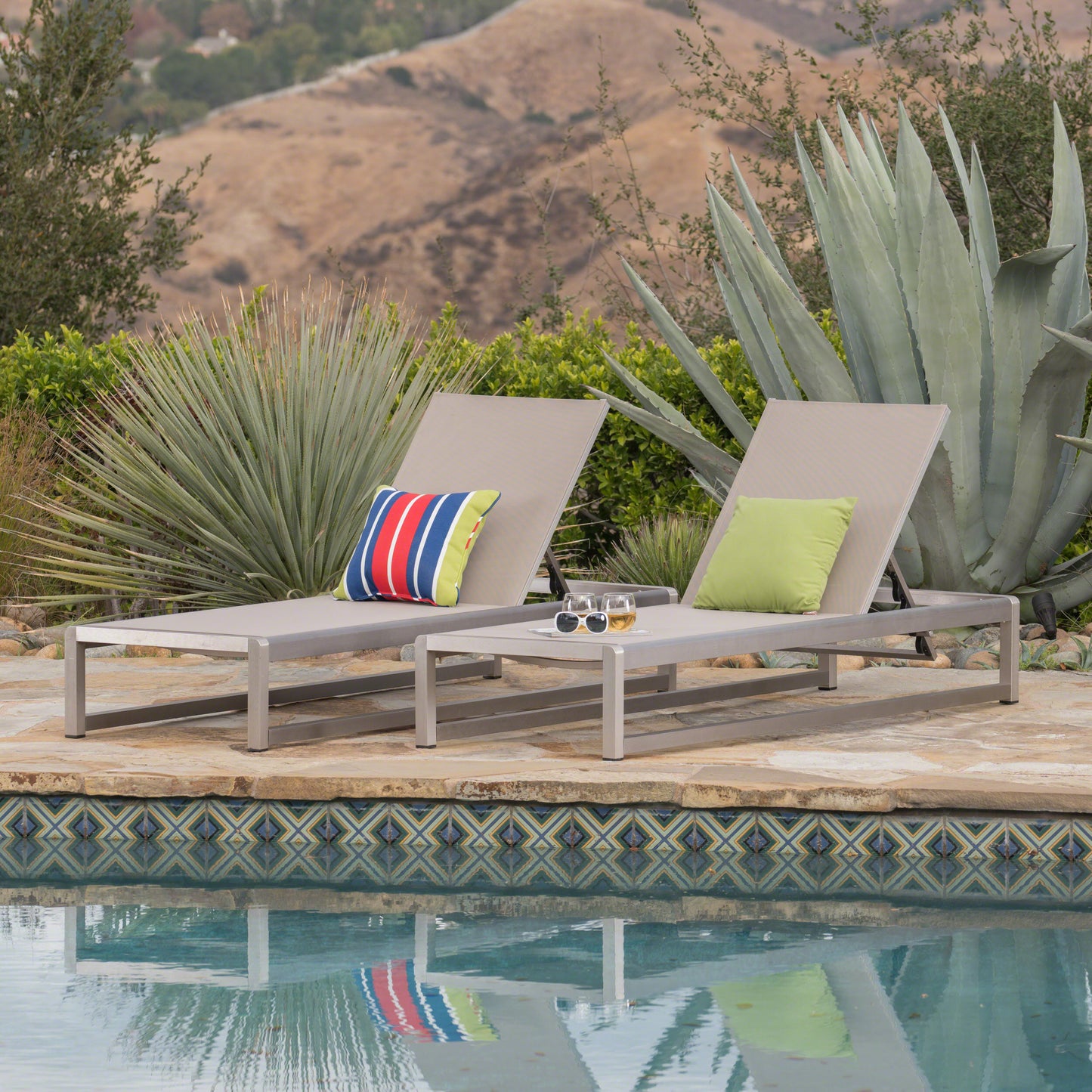 Outdoor Chaise Lounge Set of 2 with Adjustable Aluminum Frame and Textilene Mesh Seating in Grey FredCo