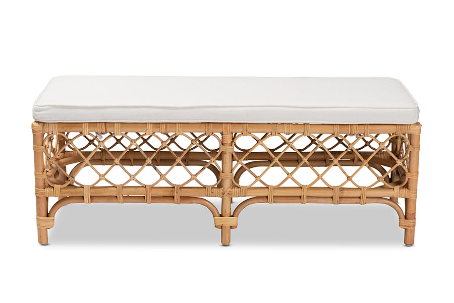 bali & pari Orchard Modern Bohemian White Fabric Upholstered and Natural Brown Rattan Bench