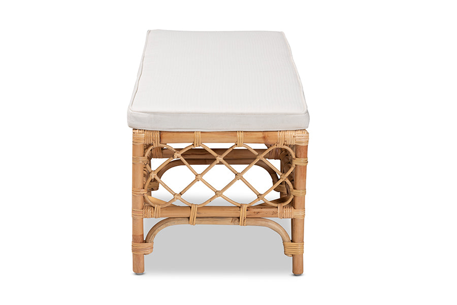 bali & pari Orchard Modern Bohemian White Fabric Upholstered and Natural Brown Rattan Bench