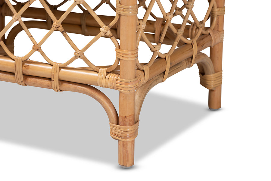bali & pari Orchard Modern Bohemian White Fabric Upholstered and Natural Brown Rattan Bench