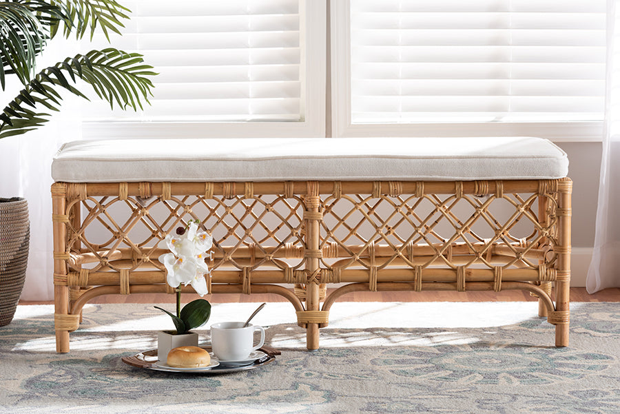bali & pari Orchard Modern Bohemian White Fabric Upholstered and Natural Brown Rattan Bench