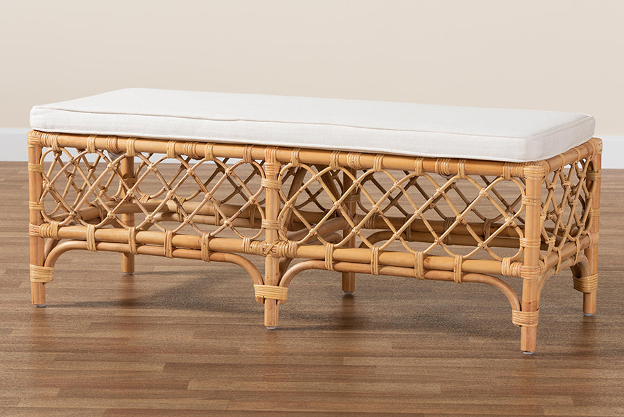 bali & pari Orchard Modern Bohemian White Fabric Upholstered and Natural Brown Rattan Bench