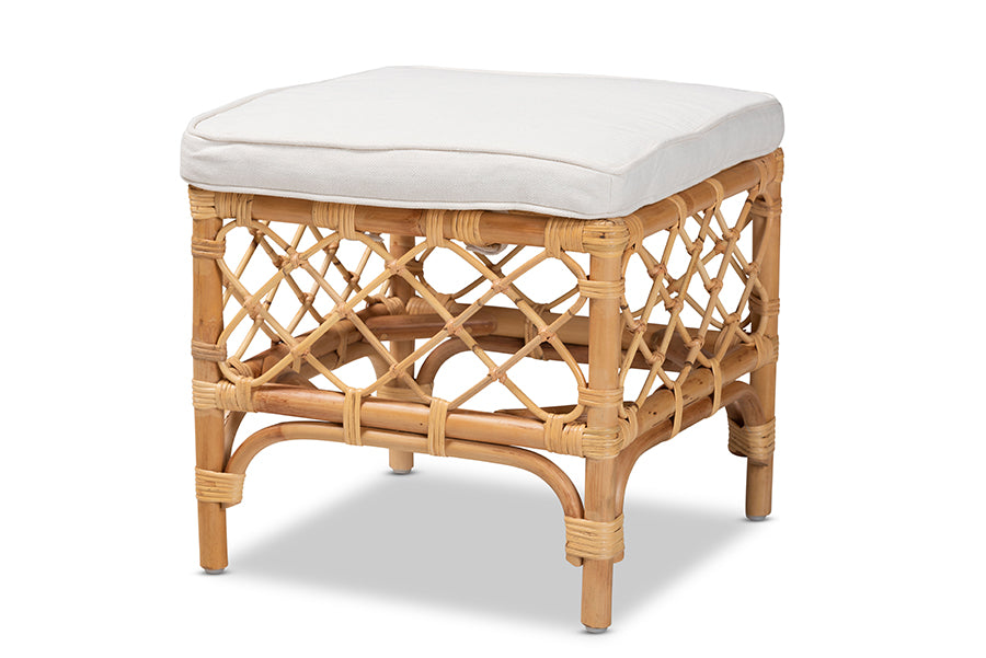 bali & pari Orchard Modern Bohemian White Fabric Upholstered and Natural Brown Rattan Ottoman