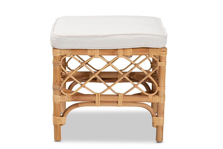 bali & pari Orchard Modern Bohemian White Fabric Upholstered and Natural Brown Rattan Ottoman