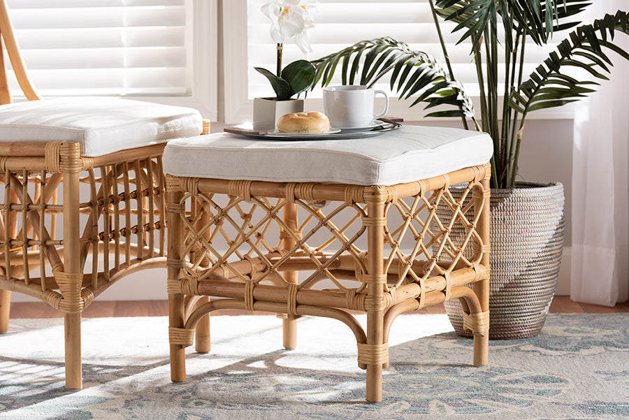 bali & pari Orchard Modern Bohemian White Fabric Upholstered and Natural Brown Rattan Ottoman