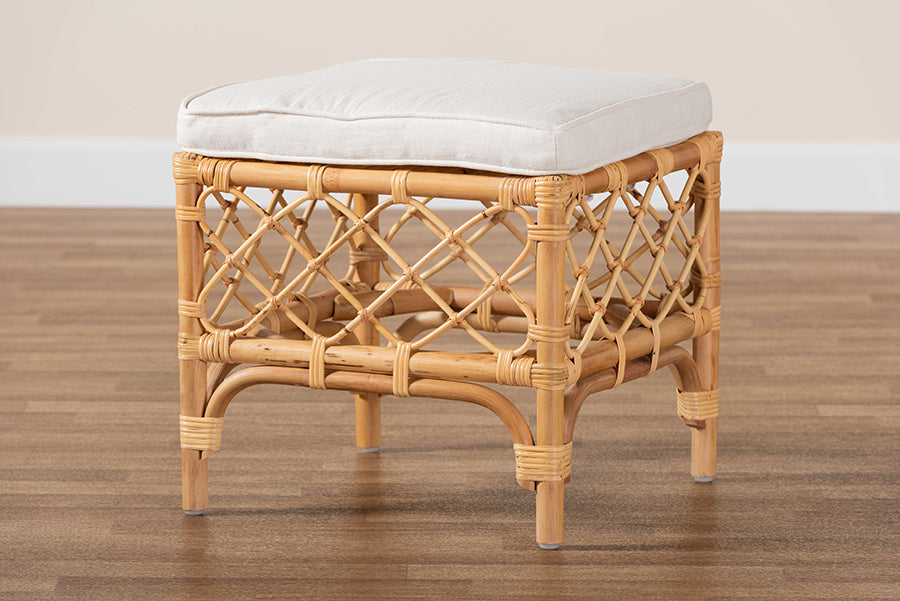 bali & pari Orchard Modern Bohemian White Fabric Upholstered and Natural Brown Rattan Ottoman