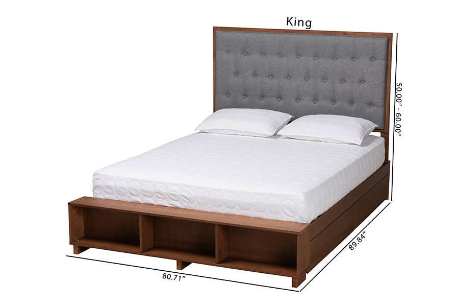Baxton Studio Jalie Classic Transitional Grey Fabric and Walnut Brown Finished Wood King Size Platform Storage Bed