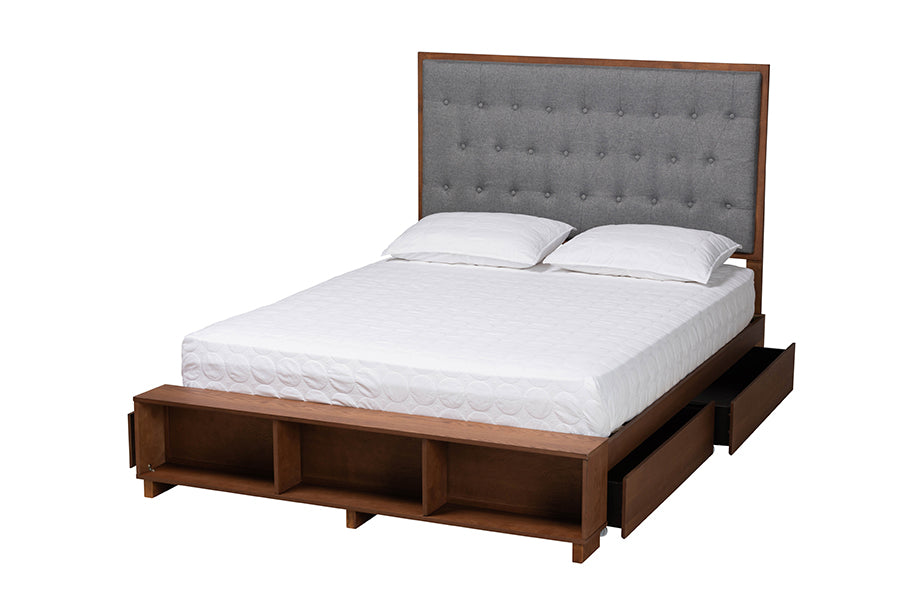 Baxton Studio Jalie Classic Transitional Grey Fabric and Walnut Brown Finished Wood King Size Platform Storage Bed