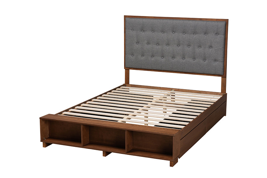 Baxton Studio Jalie Classic Transitional Grey Fabric and Walnut Brown Finished Wood King Size Platform Storage Bed
