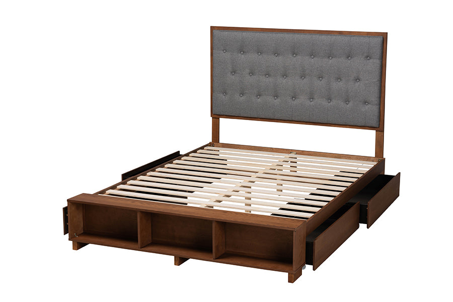 Baxton Studio Jalie Classic Transitional Grey Fabric and Walnut Brown Finished Wood King Size Platform Storage Bed
