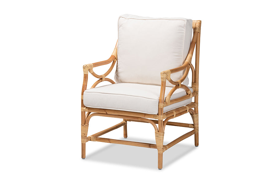 bali & pari Brandon Modern Bohemian White Fabric Upholstered and Natural Brown Rattan Armchair