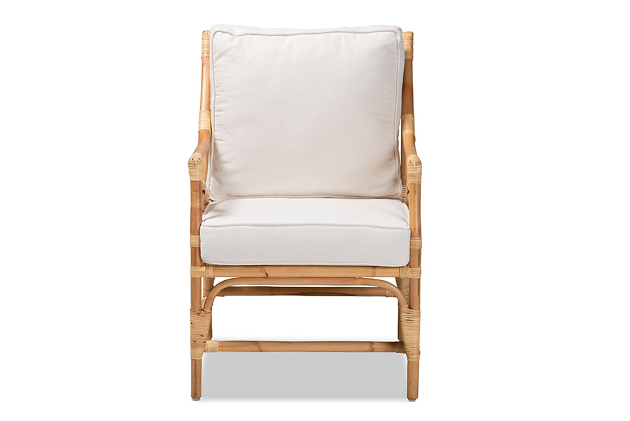bali & pari Brandon Modern Bohemian White Fabric Upholstered and Natural Brown Rattan Armchair