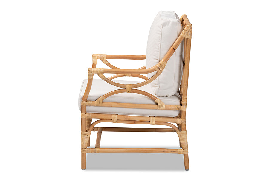 bali & pari Brandon Modern Bohemian White Fabric Upholstered and Natural Brown Rattan Armchair