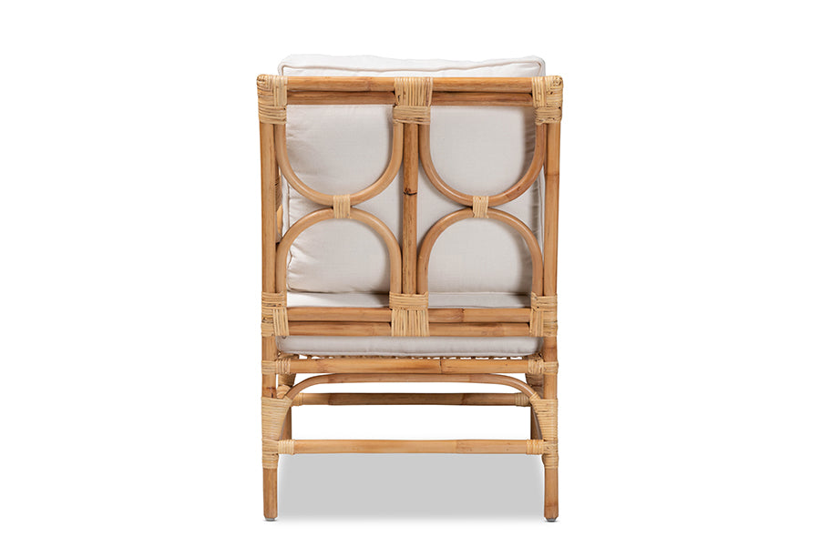 bali & pari Brandon Modern Bohemian White Fabric Upholstered and Natural Brown Rattan Armchair
