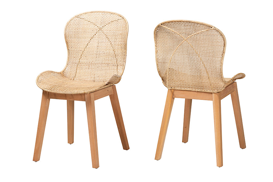 bali & pari Sabelle Japandi Natural Brown Mahogany and Rattan 2-Piece Dining Chair Set