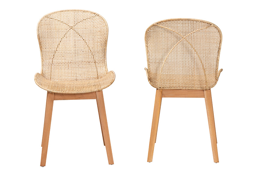bali & pari Sabelle Japandi Natural Brown Mahogany and Rattan 2-Piece Dining Chair Set
