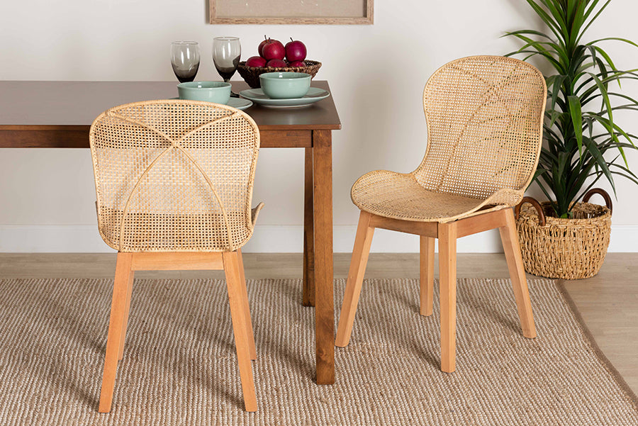 bali & pari Sabelle Japandi Natural Brown Mahogany and Rattan 2-Piece Dining Chair Set