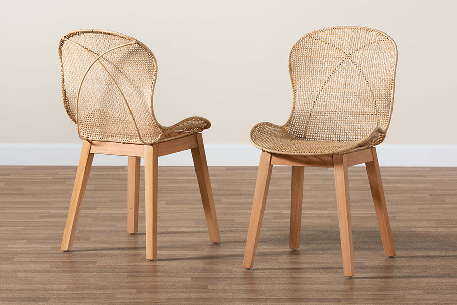 bali & pari Sabelle Japandi Natural Brown Mahogany and Rattan 2-Piece Dining Chair Set