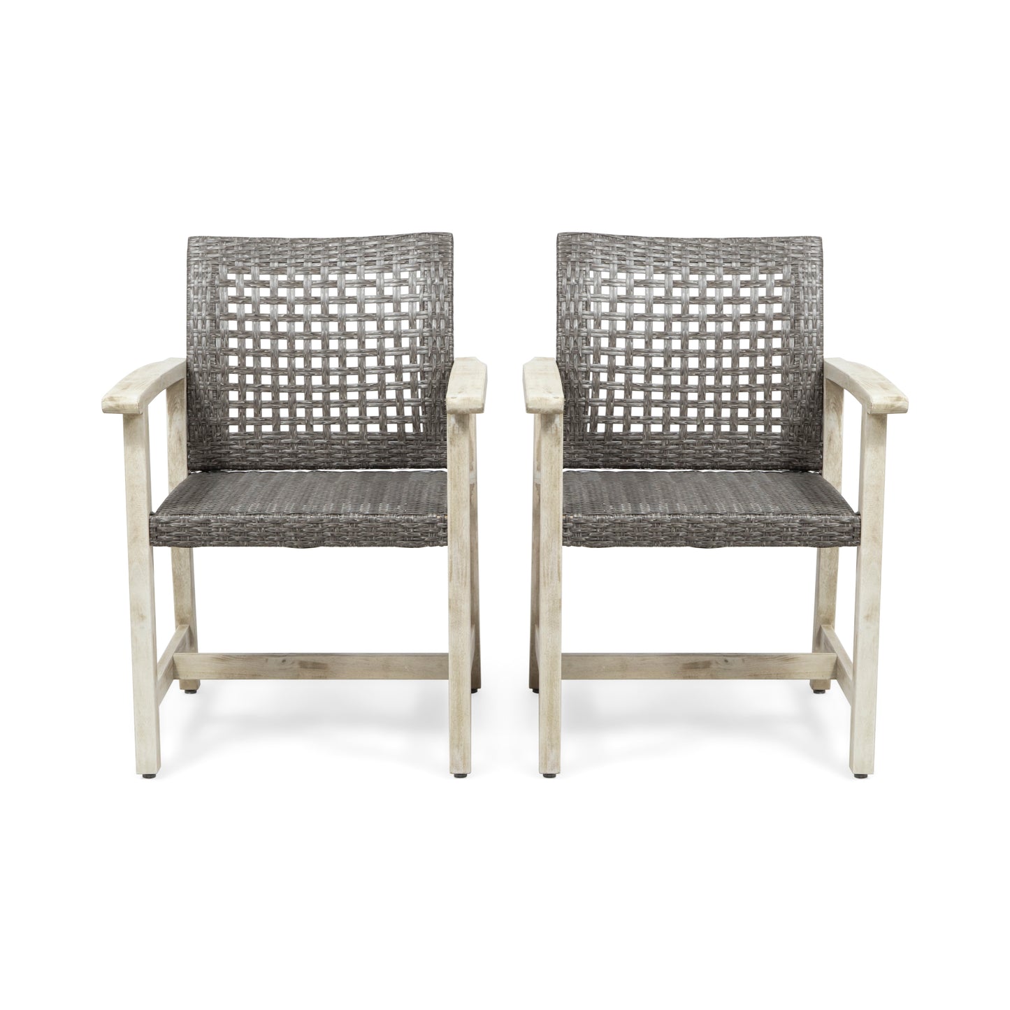 Outdoor Dining Chair Set of 2, Light Grey Wash Acacia Wood Frame and Mix Black PE Rattan Wicker