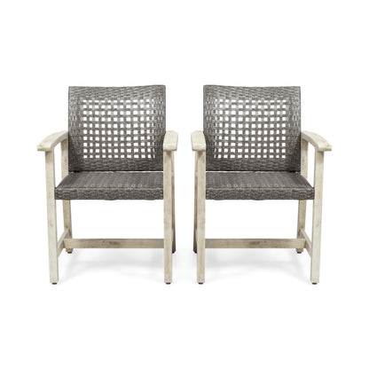 Outdoor Dining Chair Set of 2, Light Grey Wash Acacia Wood Frame and Mix Black PE Rattan Wicker