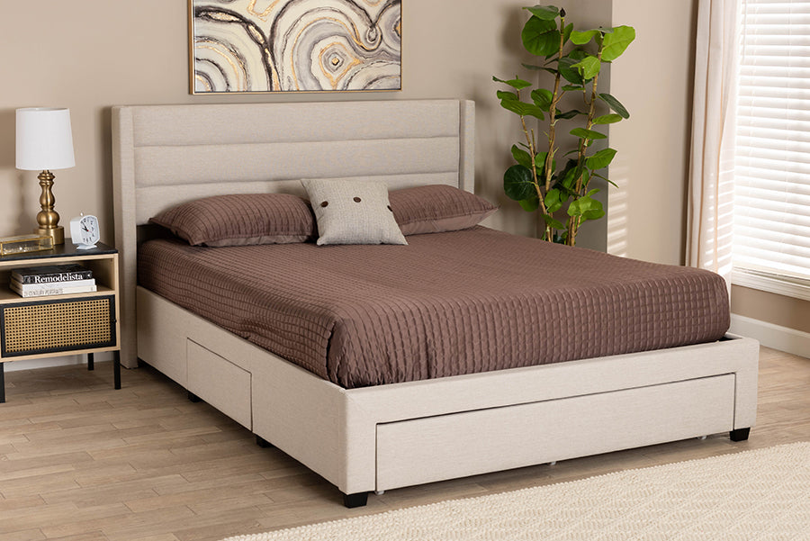 Baxton Studio Braylon Mid-Century Modern Transitional Beige Fabric and Dark Brown Finished Wood Full Size 3-Drawer Storage Platform Bed