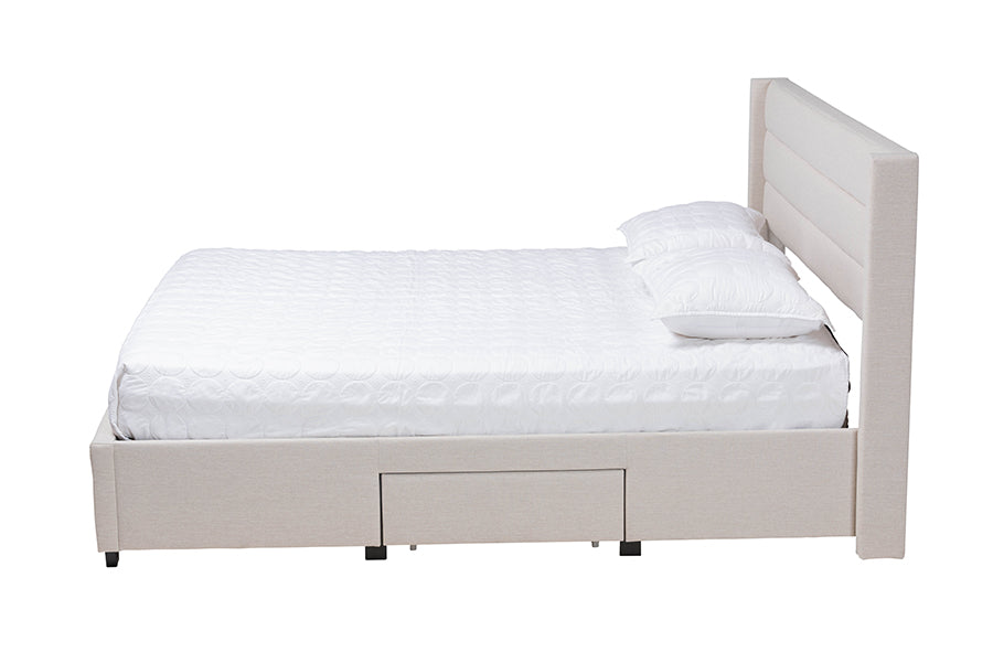 Baxton Studio Braylon Mid-Century Modern Transitional Beige Fabric and Dark Brown Finished Wood Full Size 3-Drawer Storage Platform Bed