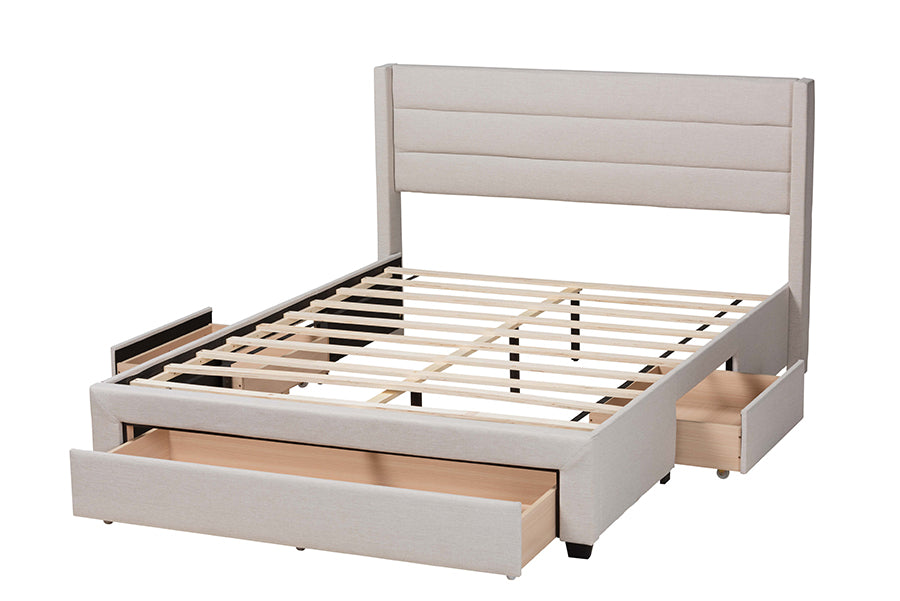 Baxton Studio Braylon Mid-Century Modern Transitional Beige Fabric and Dark Brown Finished Wood Full Size 3-Drawer Storage Platform Bed